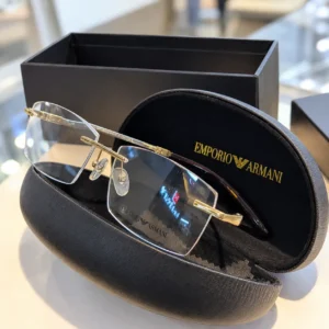 Emporio Armani Gold-Tone Rimless Metal Frame Eyeglasses with Premium Black Case