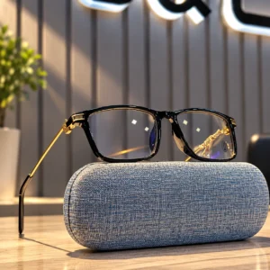 Premium Black Rectangular Frame Eyeglasses with Gold Metal Temples for Men & Women
